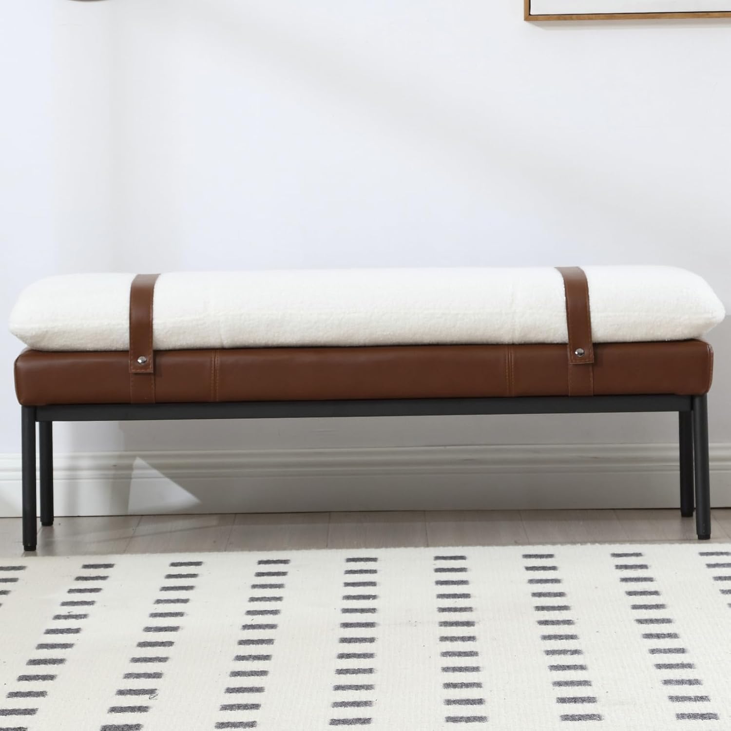 Industrial Modern Sherpa Rectangle Ottoman Bench with PU Strap and Metal Legs