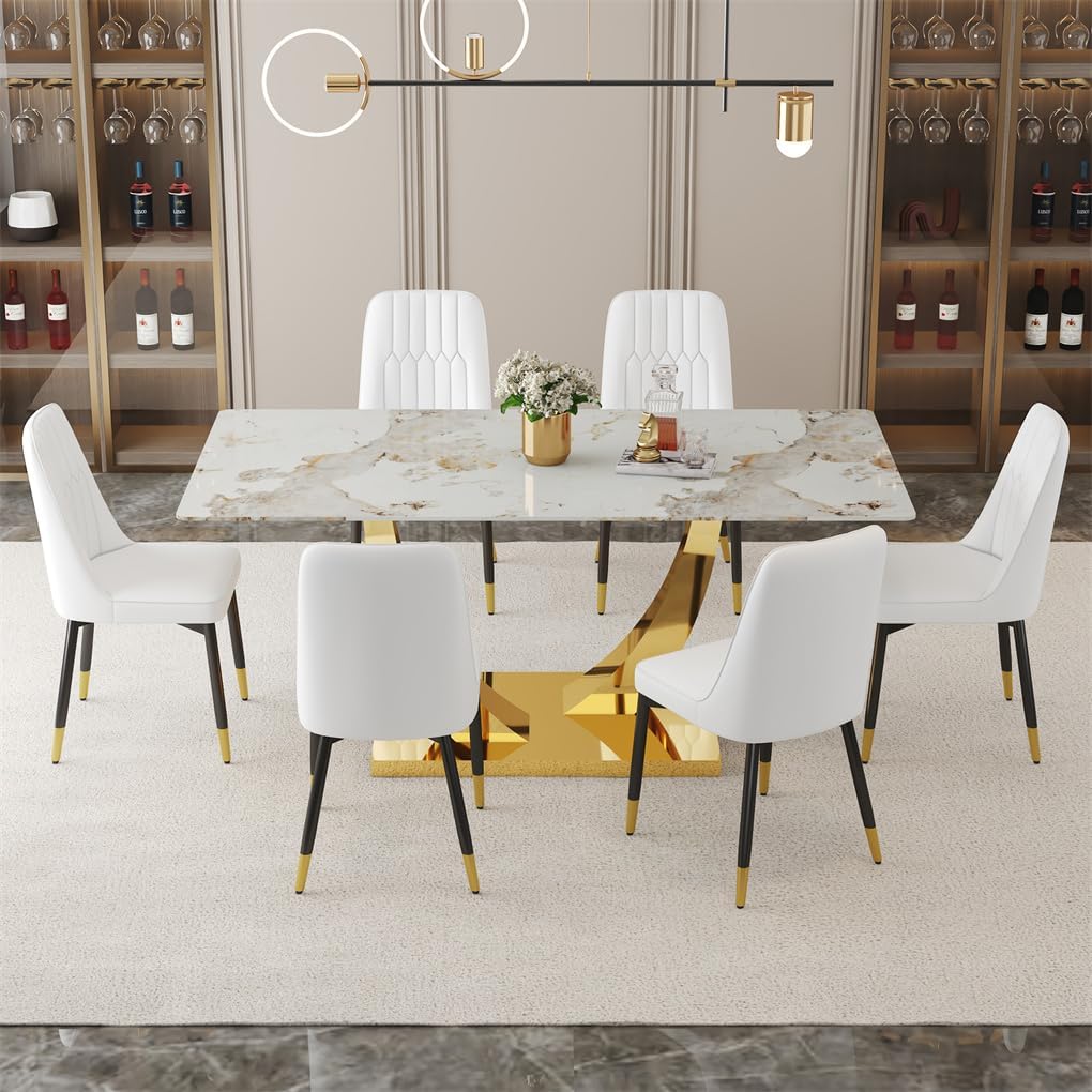 Dining Table Set for 6, 7 Pieces Rectangle Faux Marble Dining Table Set & 6 PU Upholstered Chairs