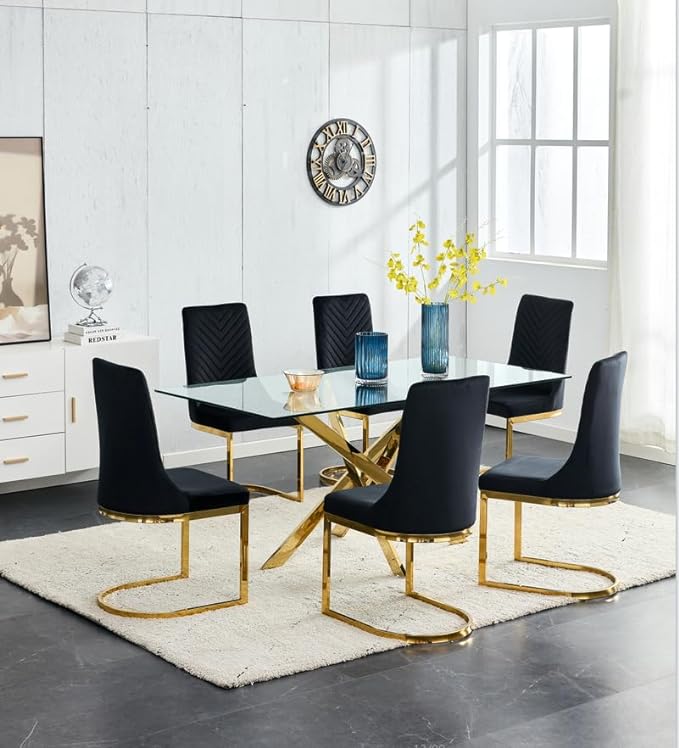 63" Rectangular Glass Dining Table with 0.39-Inch Clear Tempered Glass and 4 Chrome Legs