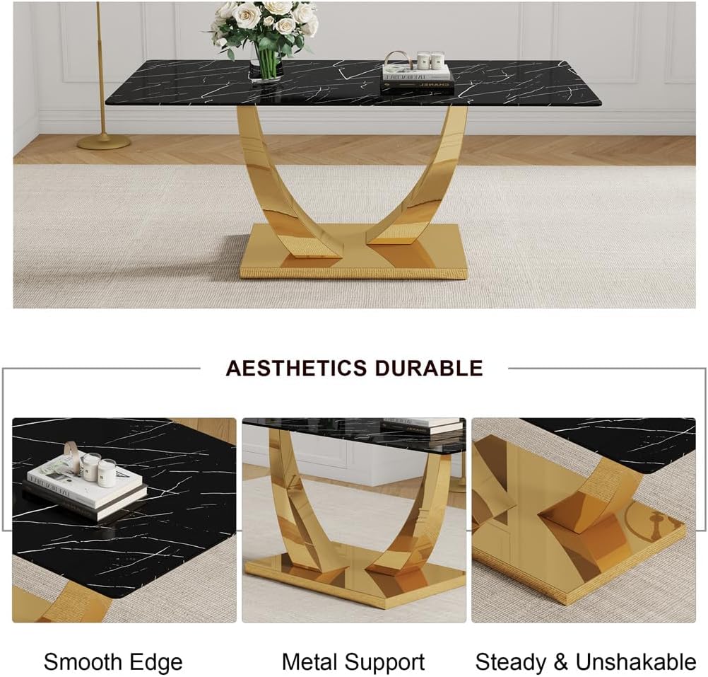 71" Dining Table Set for 8, Modern Faux Marble Dining Room Table Top with Metal U-Shaped Leg and Base