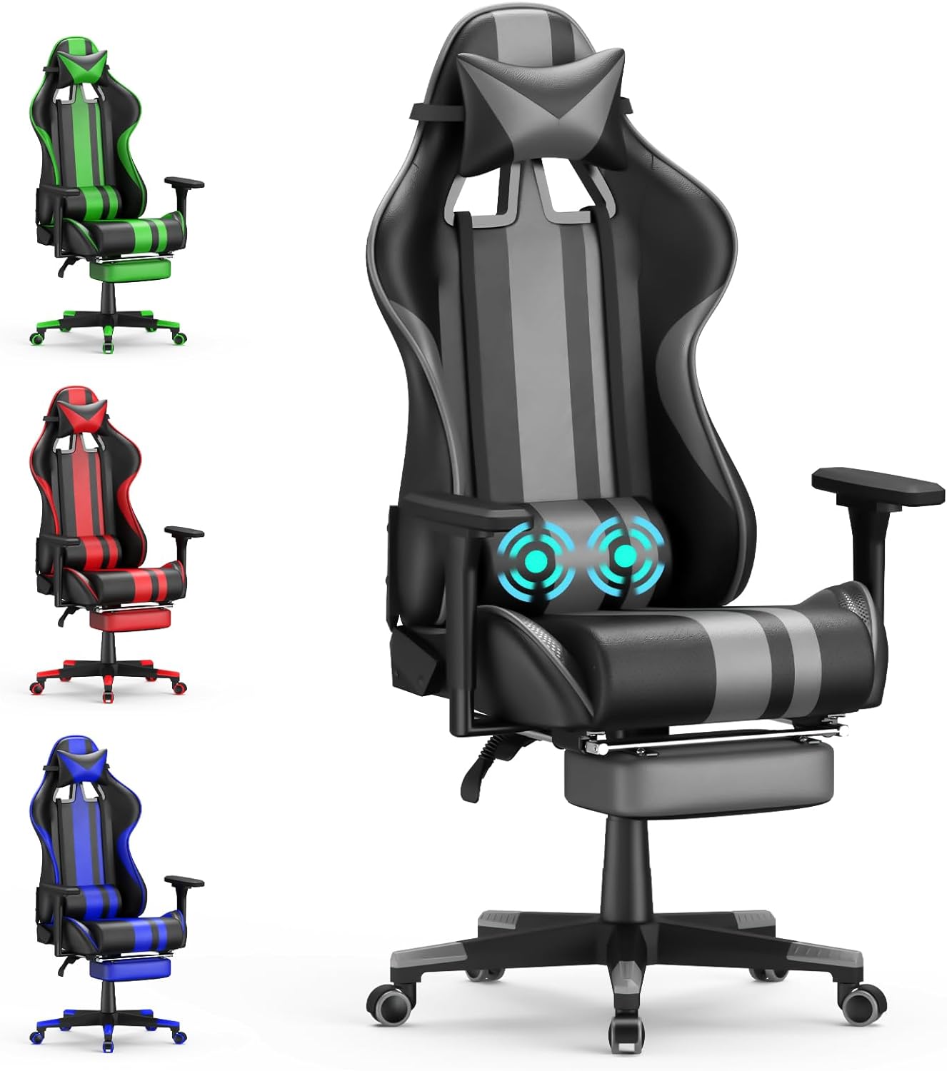 Grey Gaming Chair with Footrest, Leather Ergonomic Gaming Chairs for Adults