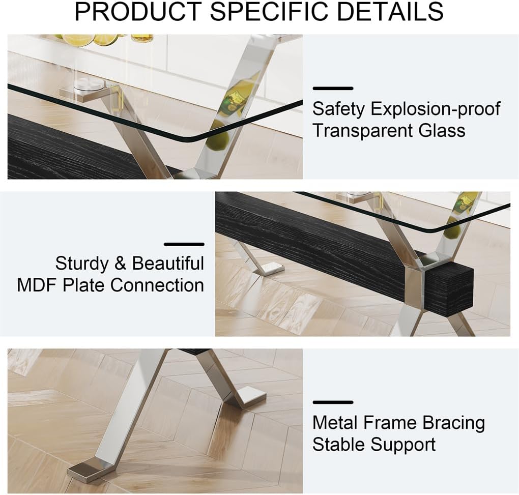 79" Glass Dining Table, Tempered Glass Tabletop + Metal Leg + MDF Crossbars