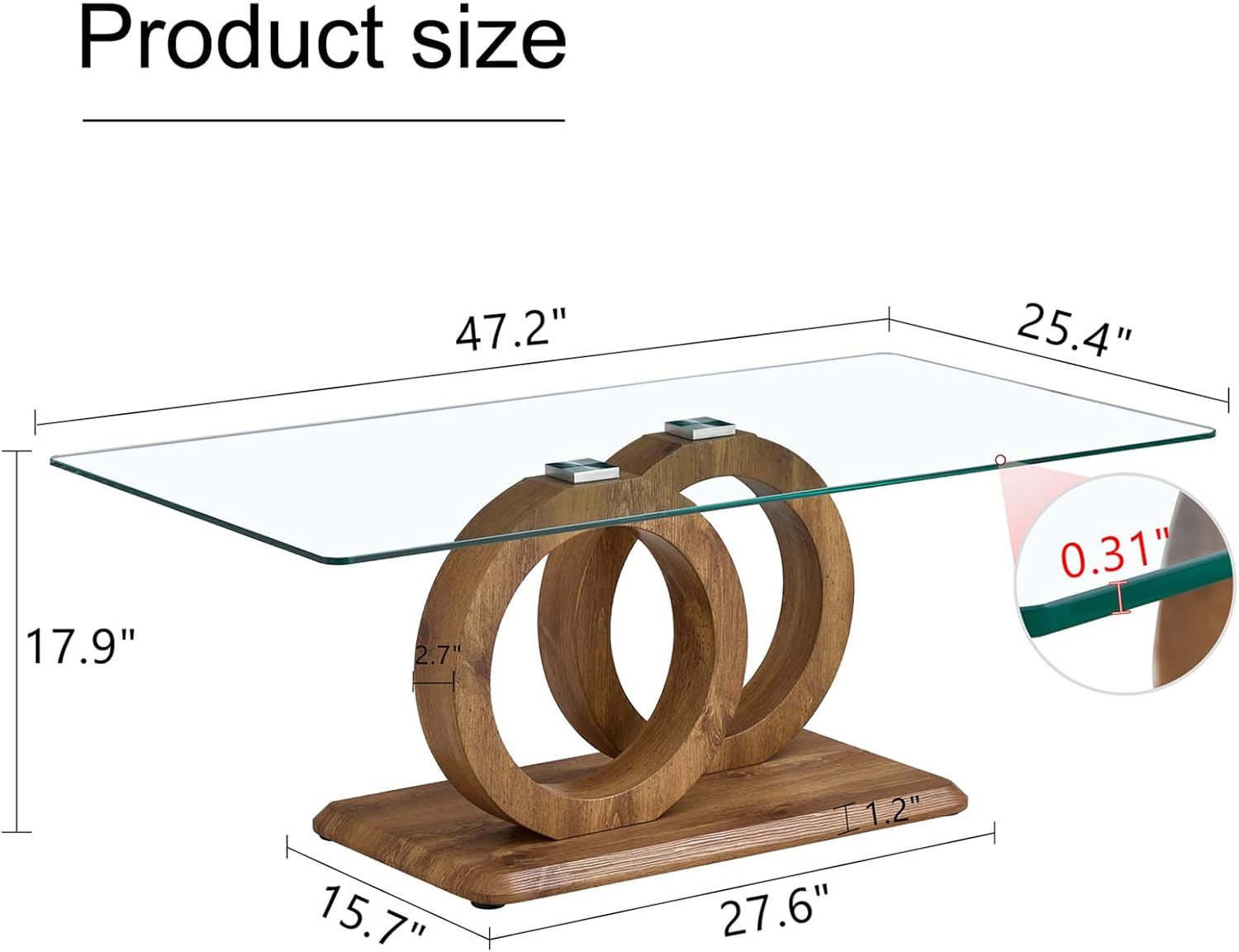 Wood Coffee Table, Coffee Table with Tempered Glass Top, Coffee Table with OO Structure and MDF Base