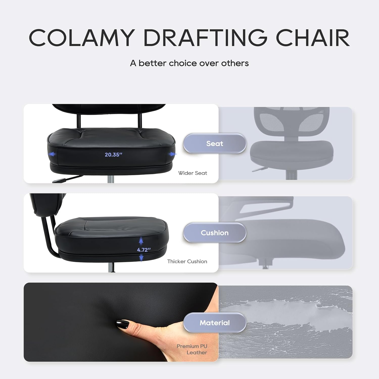 Drafting Chair-Tall Office Chair 275lbs, Standing Desk Chair with Adjustable Footrest Ring, Wide Seat, Thick Cushion and Back