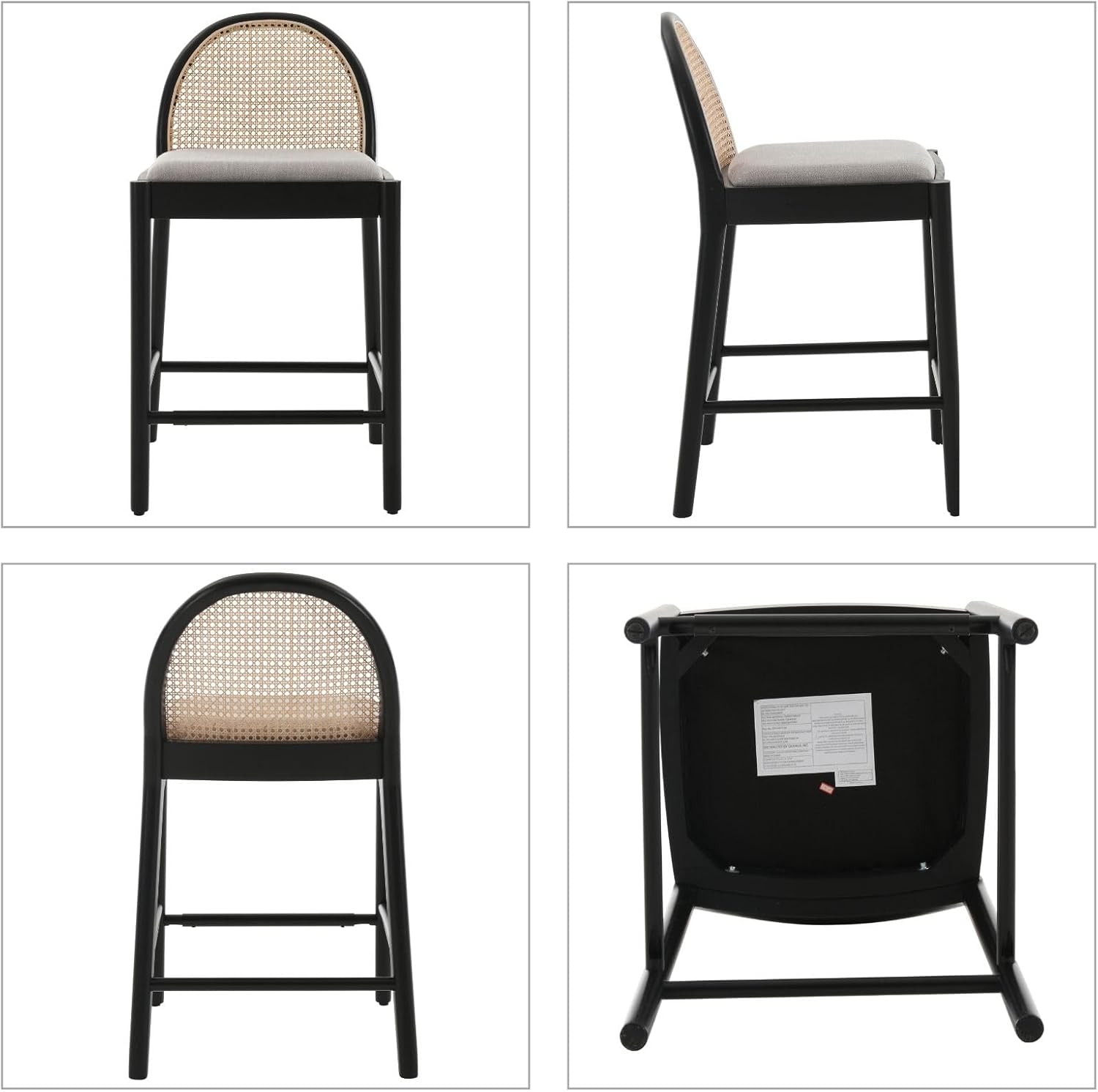 Modern Grey Rattan Counter Stools Set of 2, 26 Inch Height - Wooden Linen Upholstered Bar Stools