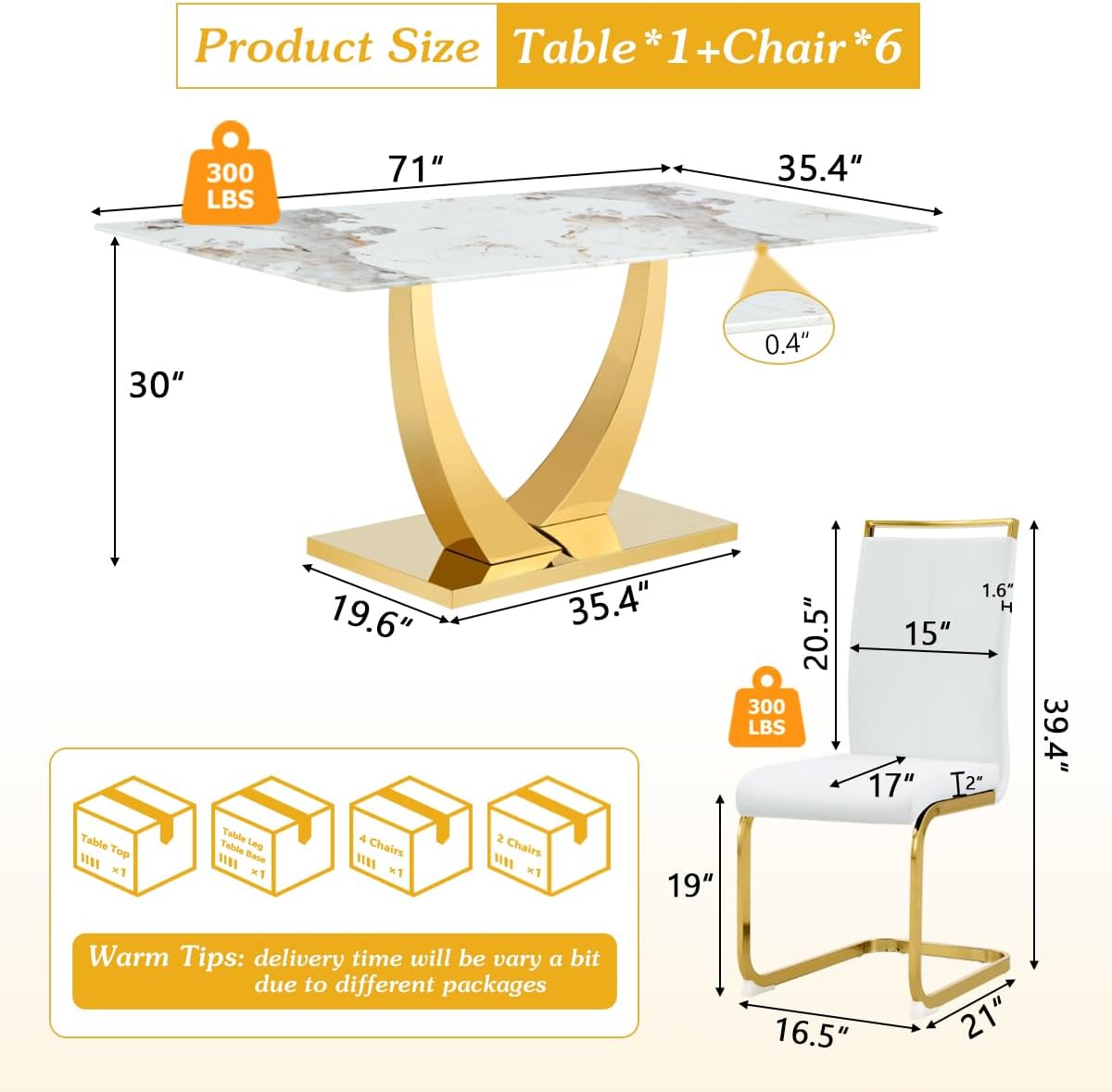 Dining Table Set for 6, 7 Pieces Faux Marble Dining Table Set & 6 PU Upholstered Chairs