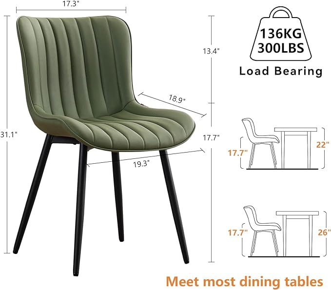 Olive Green Dining Chairs Set of 2 Upholstered Mid Century Modern Kitchen Chair Armless