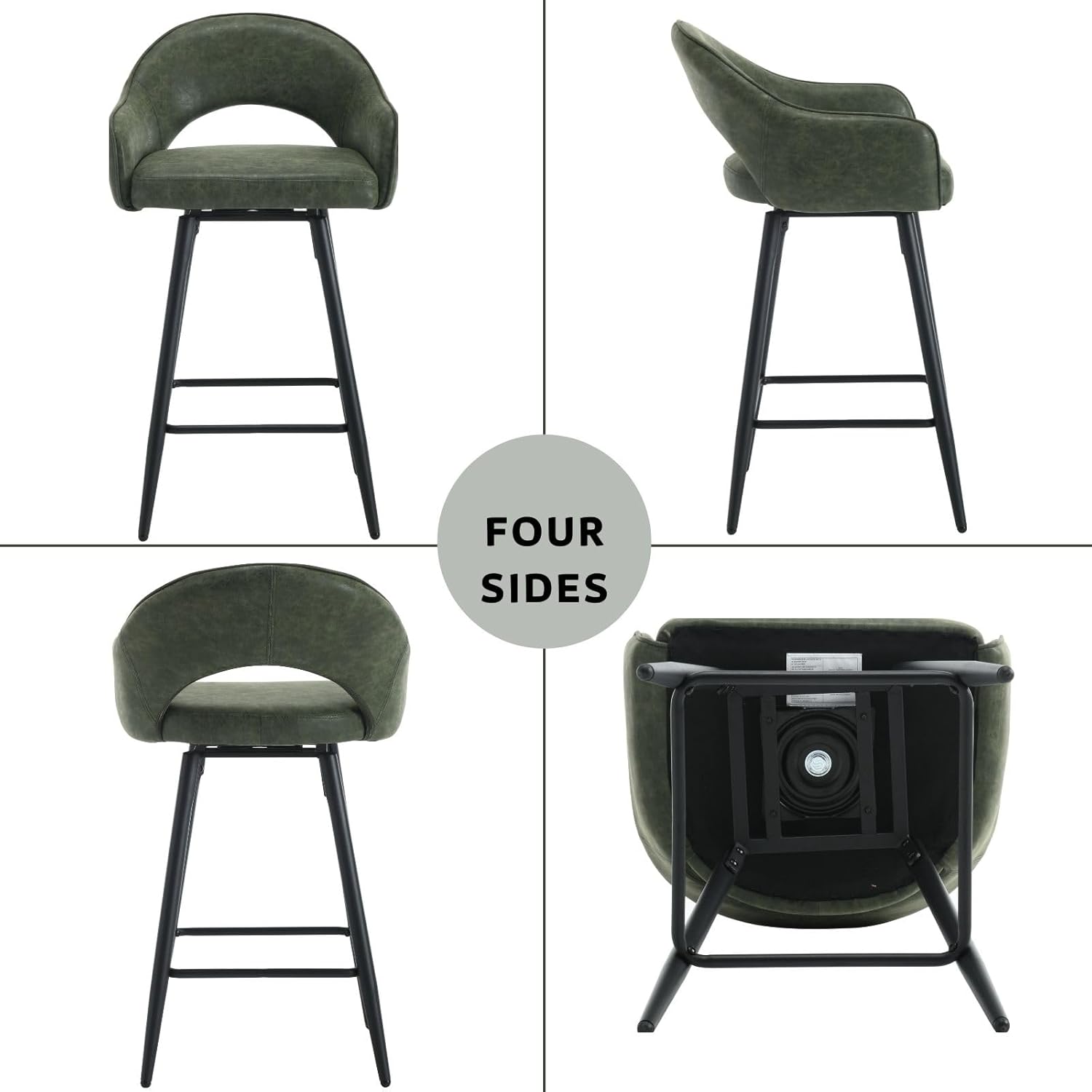 Swivel Bar Stools Set of 2, Modern 27" Counter Height Stools, PU Upholstered Kitchen Island Chair with Black Metal Legs