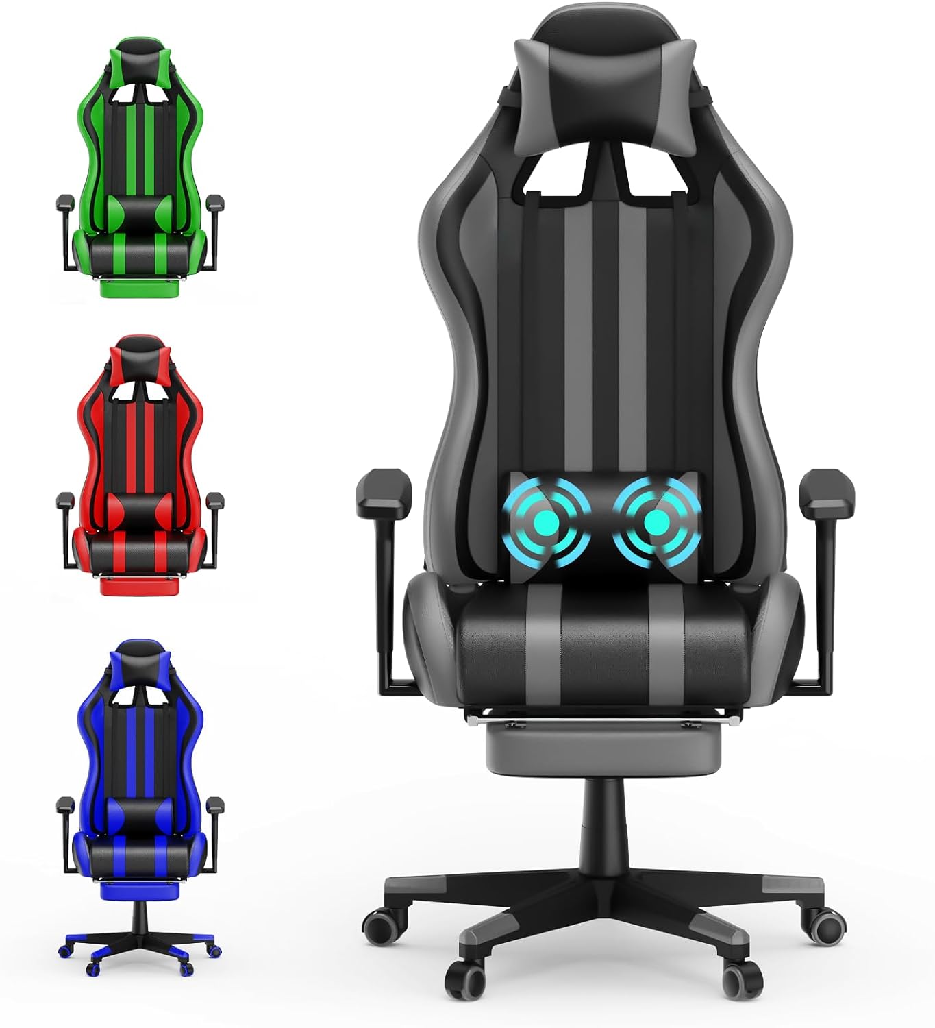 Grey Gaming Chair with Footrest,Racing Ergonomic Massage Gaming Chairs for Adults Work in Office