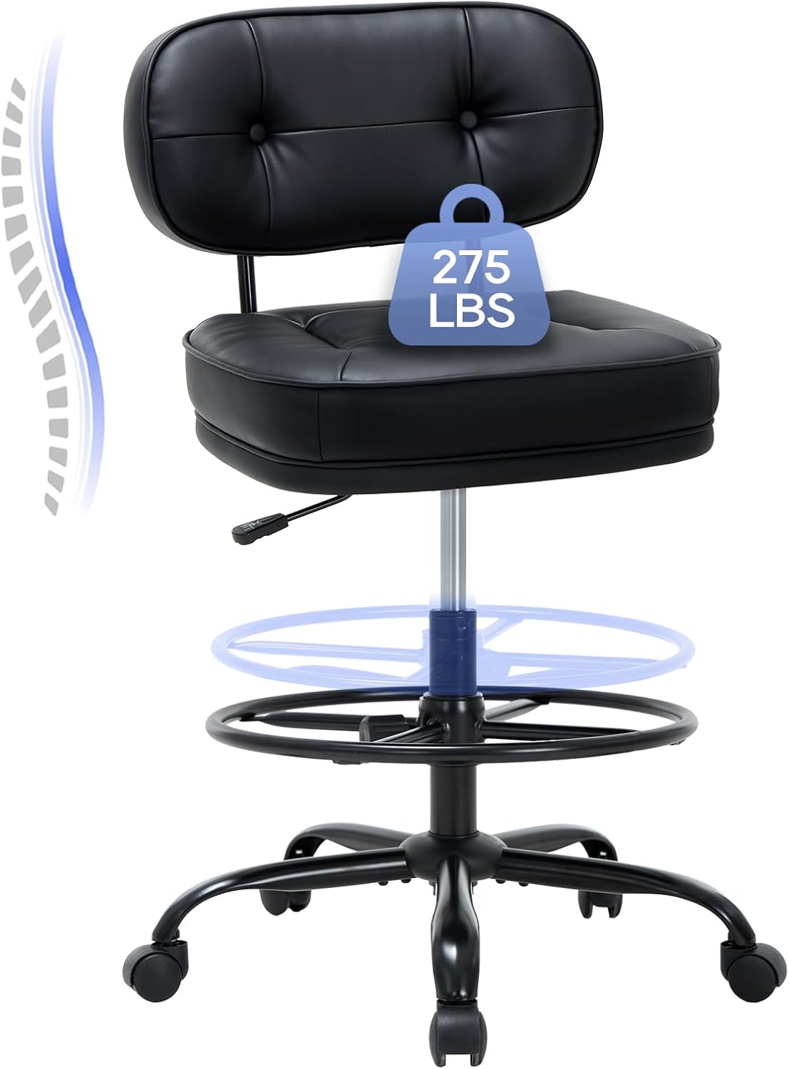 Drafting Chair-Tall Office Chair 275lbs, Standing Desk Chair with Adjustable Footrest Ring, Wide Seat, Thick Cushion and Back