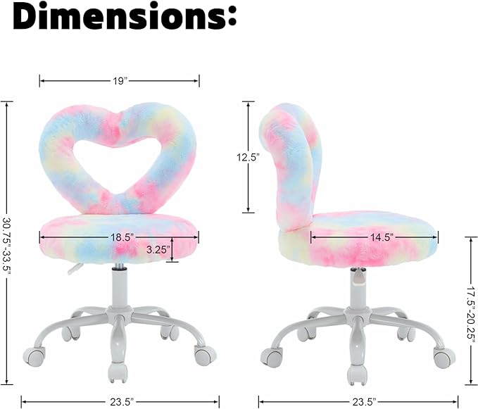Faux Fur Kids Desk Chair, Heart Back Upholstered Computer Chair for Boys and Girls