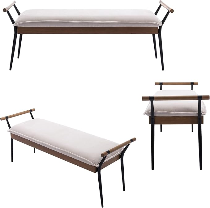 Modern Rectangle Ottoman Bench with Arms and Metal Legs