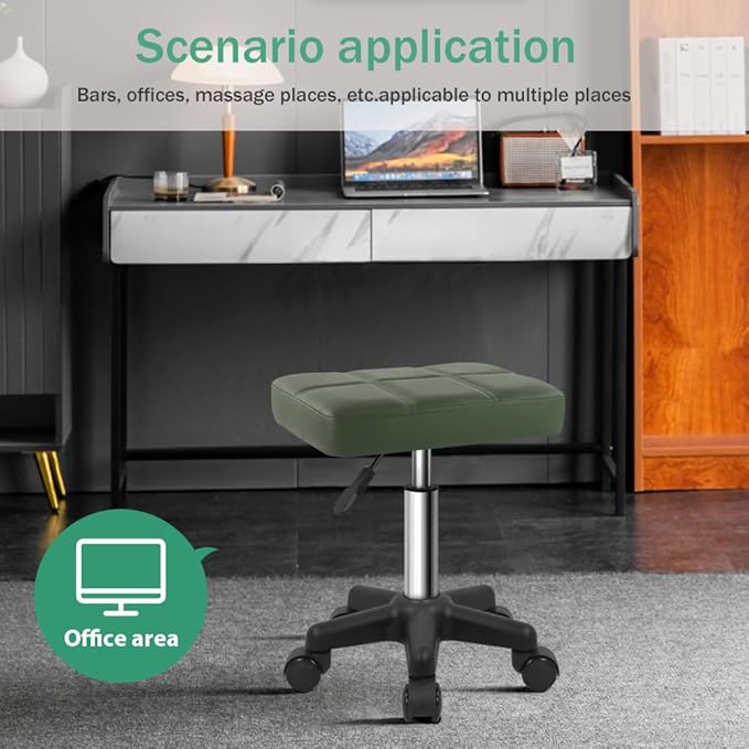 Rectangle Rolling Stool with Wheels Height Adjustable Swivel Stool Chair for Spa Salon Massage Green