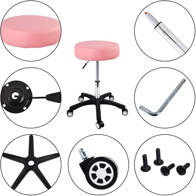 Big Rolling Stool with Silent Wheels for Salon Massage Spa Round Thickening Cushions Shop Stool(Pink)