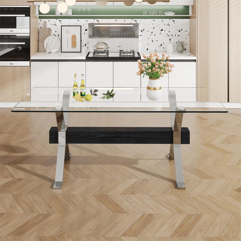 79" Glass Dining Table, Tempered Glass Tabletop + Metal Leg + MDF Crossbars