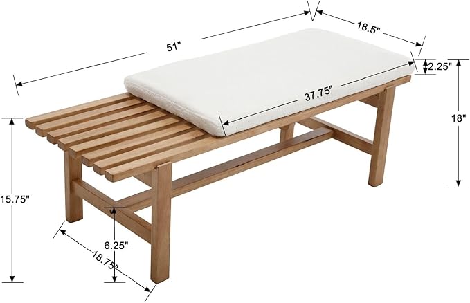 51'' L Wood Ottoman Bench, Modern 2-Person Sherpa Dining Bench Upholstered End of Bedromm Bench