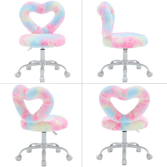 Faux Fur Kids Desk Chair, Heart Back Upholstered Computer Chair for Boys and Girls