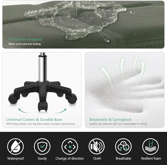 Rectangle Rolling Stool with Wheels Height Adjustable Swivel Stool Chair for Spa Salon Massage Green