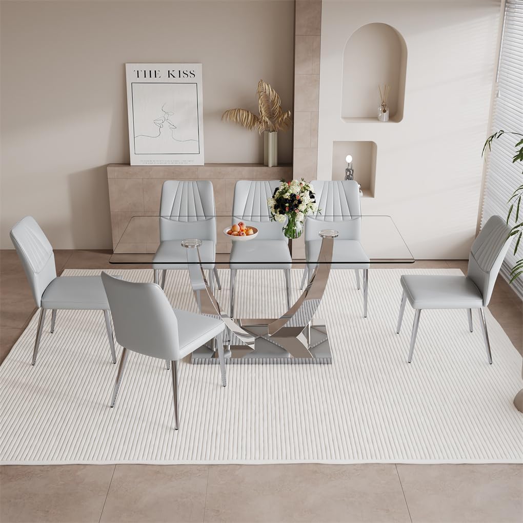 71'' Glass Dining Table Set for 6,Tempered Glass Tabletop and Stainless Steel U-shaped Leg and Base