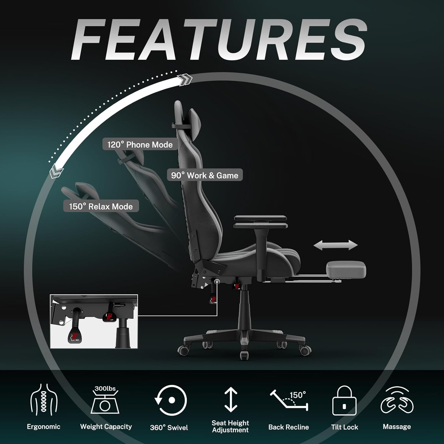 Grey Gaming Chair with Footrest,Racing Ergonomic Massage Gaming Chairs for Adults Work in Office