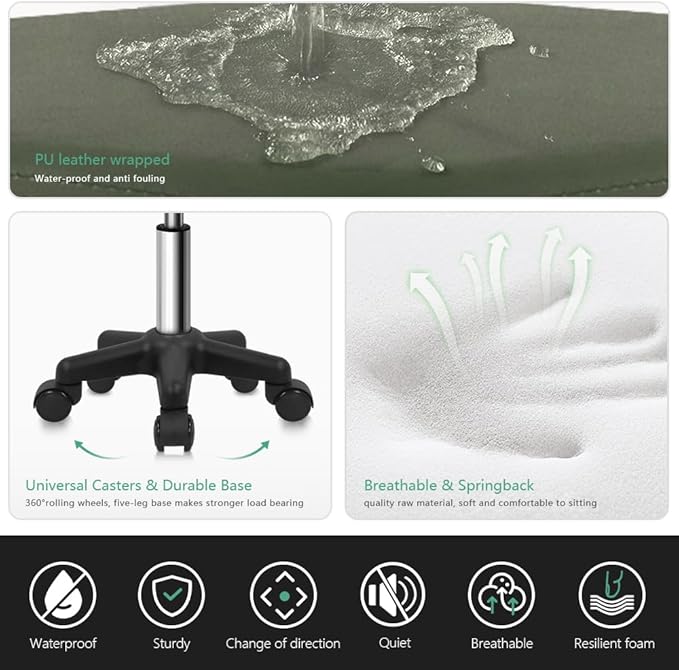 Hexagon Rolling Stool Height Adjustable Stool with Wheels for Spa Salon Massage Green