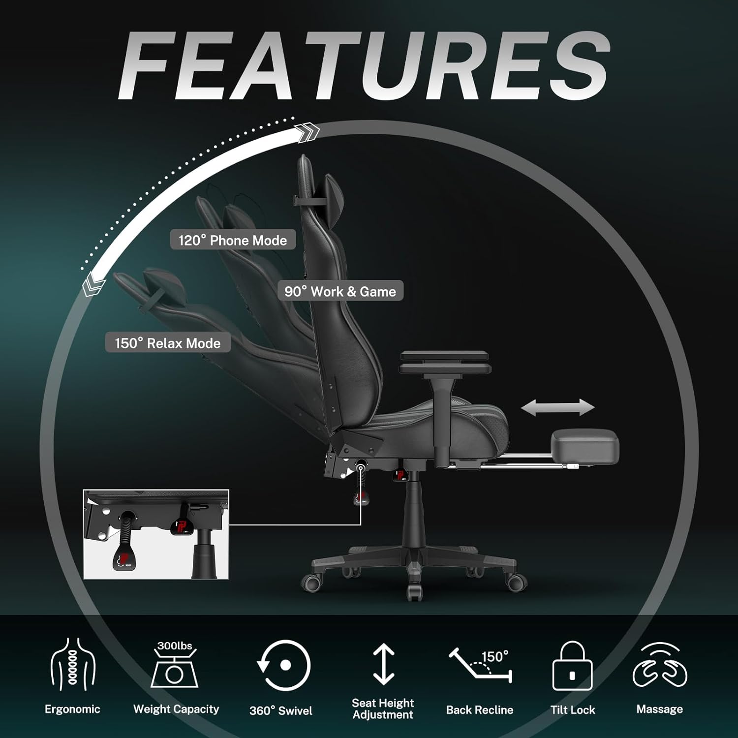 Grey Gaming Chair with Footrest, Leather Ergonomic Gaming Chairs for Adults
