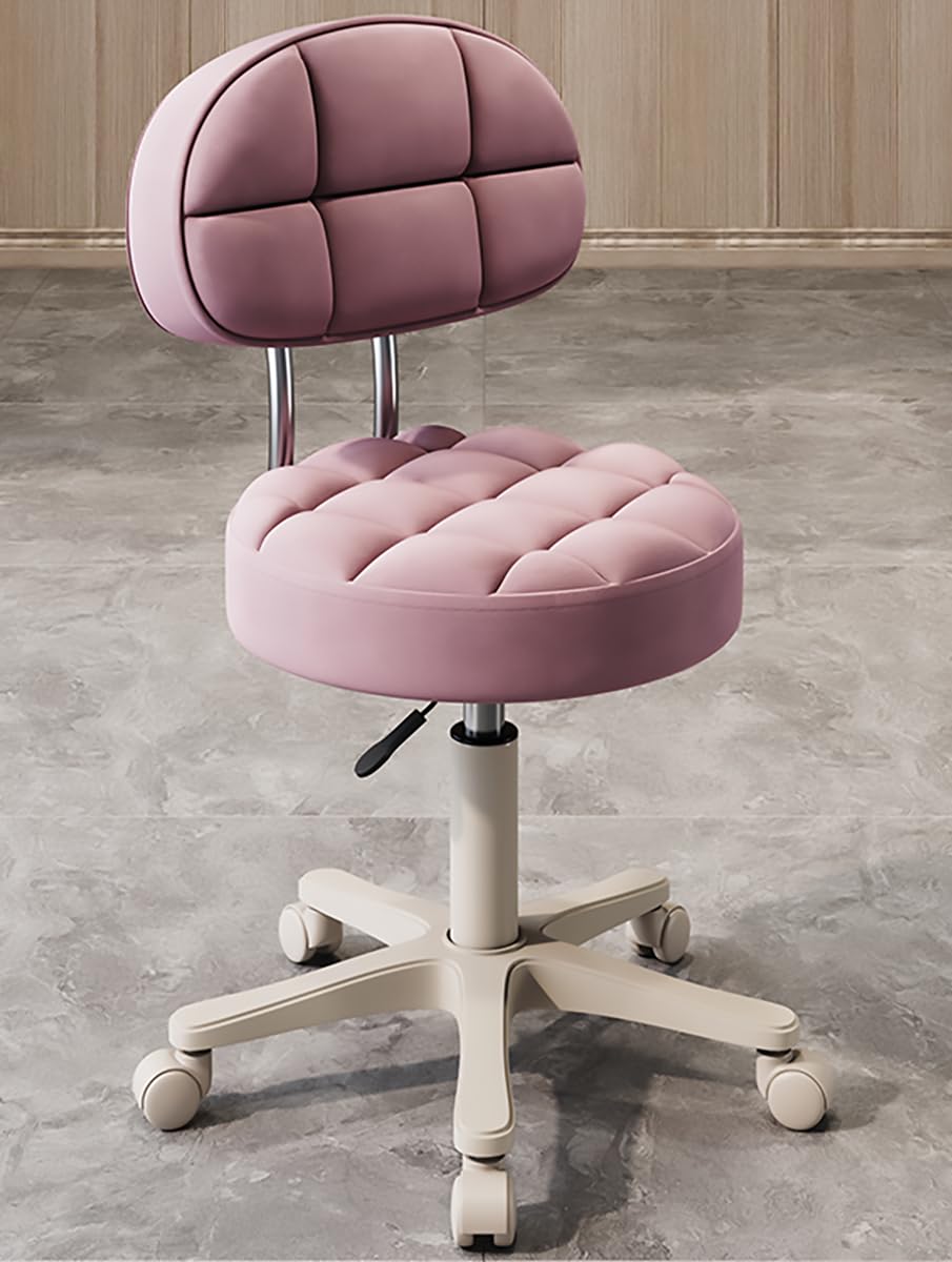 Round Rolling Stool with Back Support, Heavy Duty PU Leather Height Adjustable Swivel Stool Chair