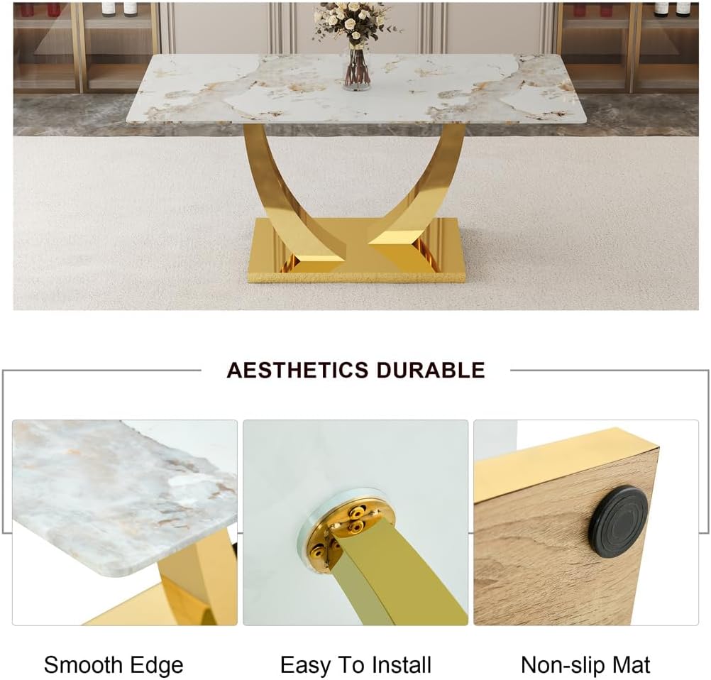 Dining Table Set for 6, 7 Pieces Rectangle Faux Marble Dining Table Set & 6 PU Upholstered Chairs