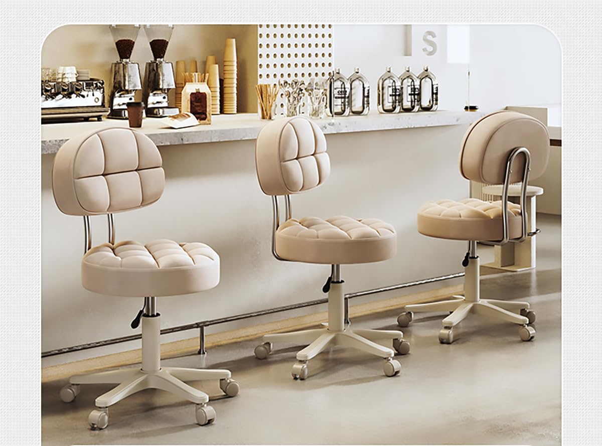 Round Rolling Stool with Back Support, Heavy Duty PU Leather Height Adjustable Swivel Stool Chair