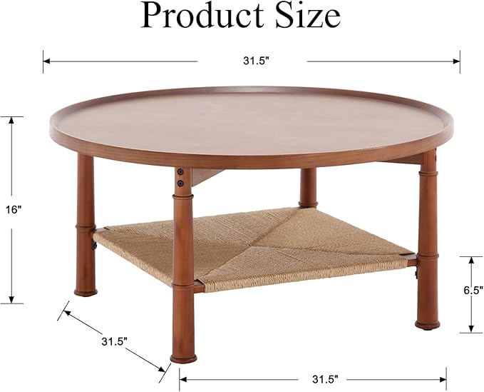 Round Wood Coffee Table for Living Room, Oak Wooden 2 Tier Circle Coffee Table