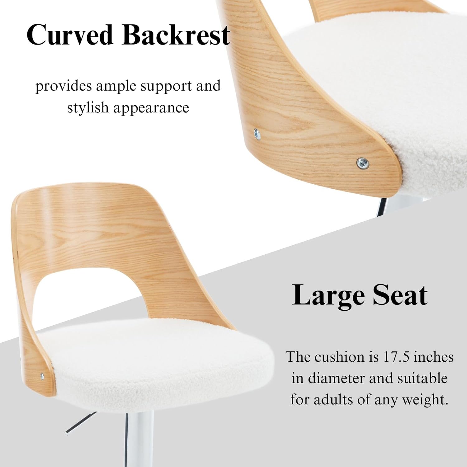 Swivel Bar Stools Set of 2, Adjustable Counter Height Barstools with Back, Sherpa Upholstered Barstool