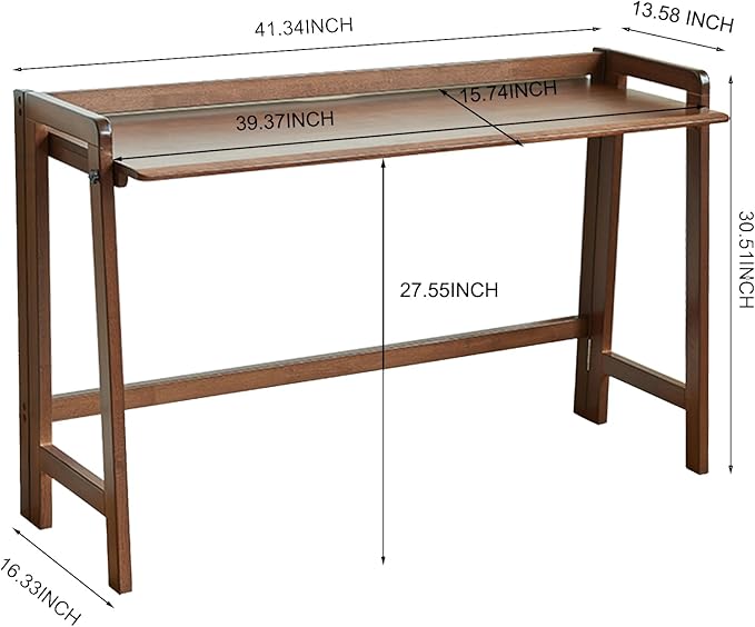 Solid Wood Folding Desk Mid Century Modern Desk, 39'' Foldable Writing Computer Desk for Home Office, Simple Study Makeup Workstation