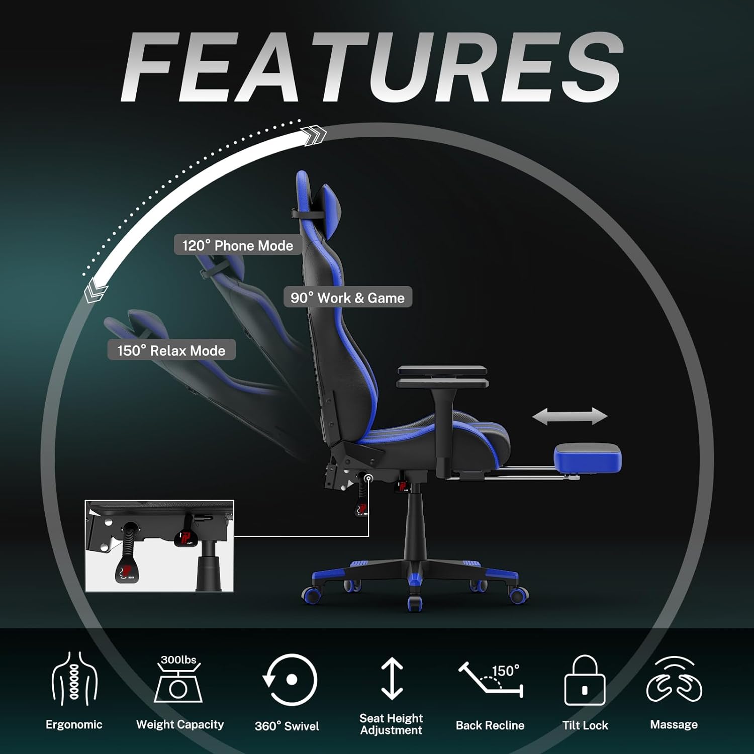 Blue Gaming Chair with Massage,Ergonomic Office PC Computer Chair,High Back Gamer Chair
