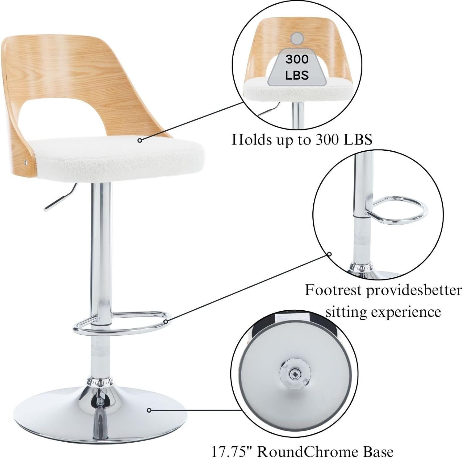Swivel Bar Stools Set of 2, Adjustable Counter Height Barstools with Back, Sherpa Upholstered Barstool