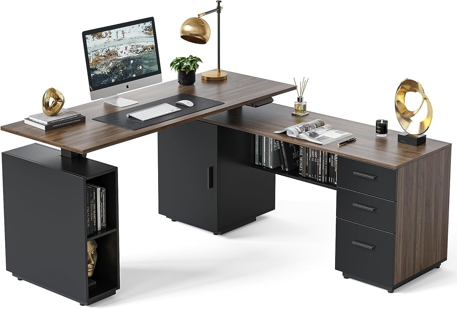 63" L Shaped Executive Standing Desk with File Cabinet