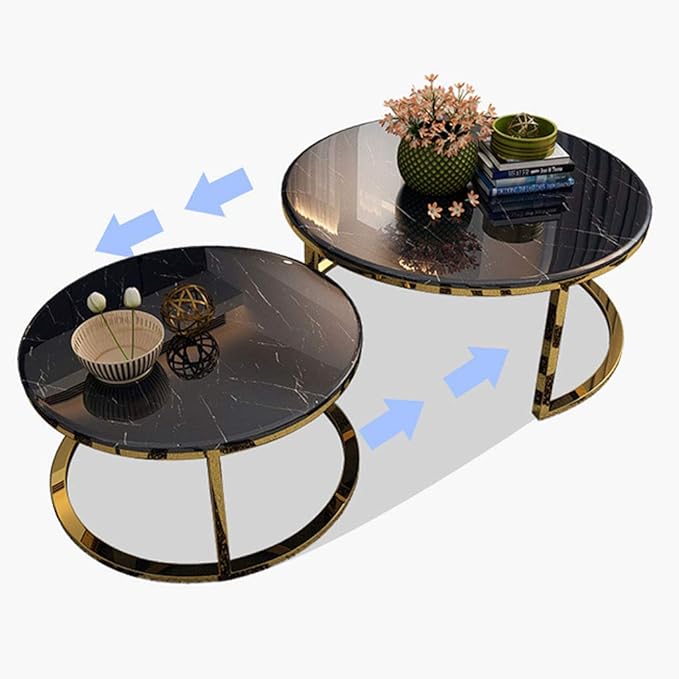 Set of 2 Stackable Round Coffee Table/Side Table Metal Golden Frame & Marble Desktop