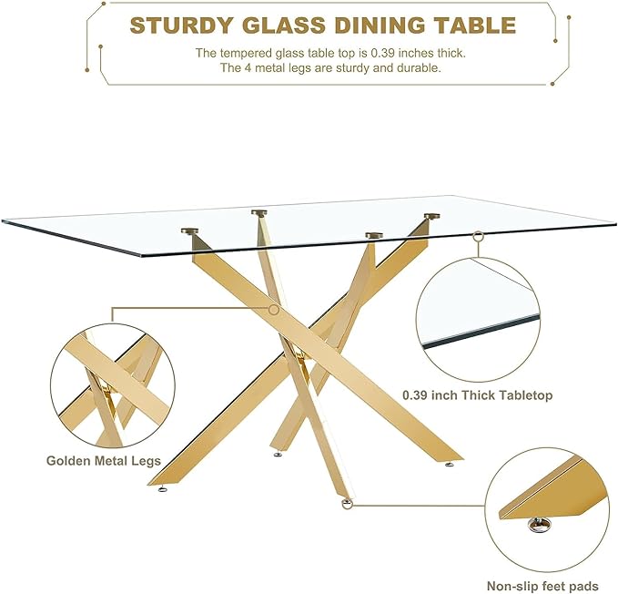 63" Rectangular Glass Dining Table with 0.39-Inch Clear Tempered Glass and 4 Chrome Legs