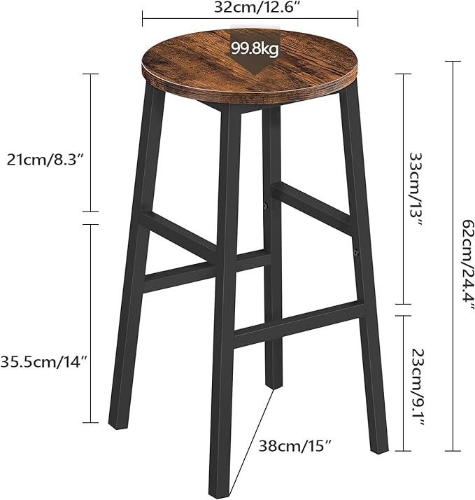 24.4 Inch Kitchen Breakfast Bar Stools, Industrial Bar Stools