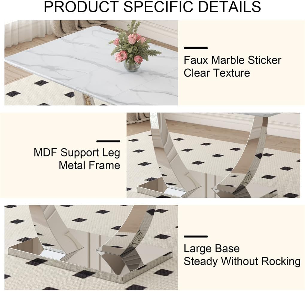 63" White Dining Table Set for 4, Faux Marble Dining Room Table with Stainless Steel Leg and Base