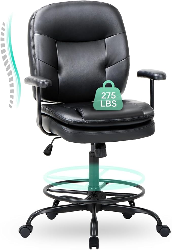 Leather Drafting Chair-Tall Office Chair 275lbs, Standing Desk Chair with Adjustable Footrest Ring, High Office Counter Height Desk Chair Black