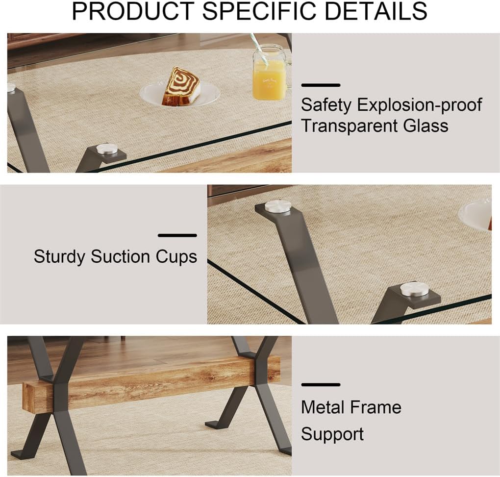 71" Glass Dining Table, Tempered Glass Tabletop + Metal Leg + MDF Crossbars