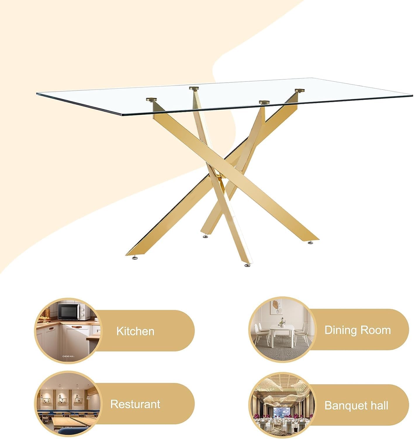 63" Rectangular Glass Dining Table with 0.39-Inch Clear Tempered Glass and 4 Chrome Legs