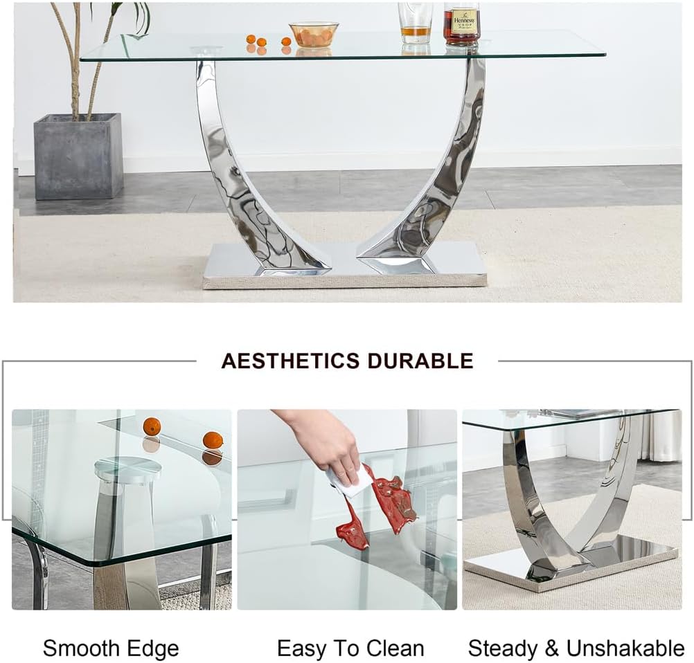 71'' Glass Dining Table Set for 6,Tempered Glass Tabletop and Stainless Steel U-shaped Leg and Base