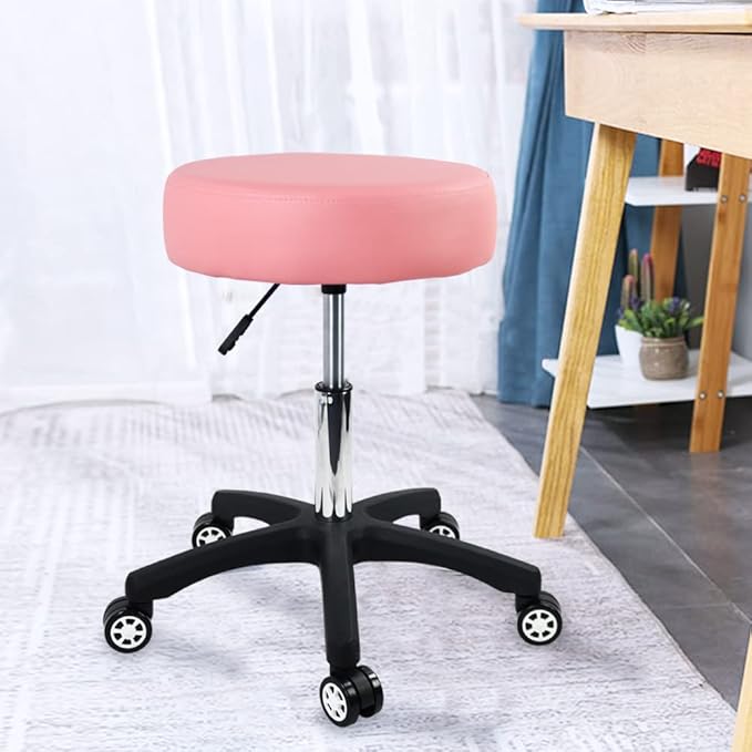 Big Rolling Stool with Silent Wheels for Salon Massage Spa Round Thickening Cushions Shop Stool(Pink)