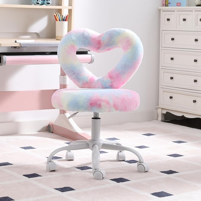 Faux Fur Kids Desk Chair, Heart Back Upholstered Computer Chair for Boys and Girls