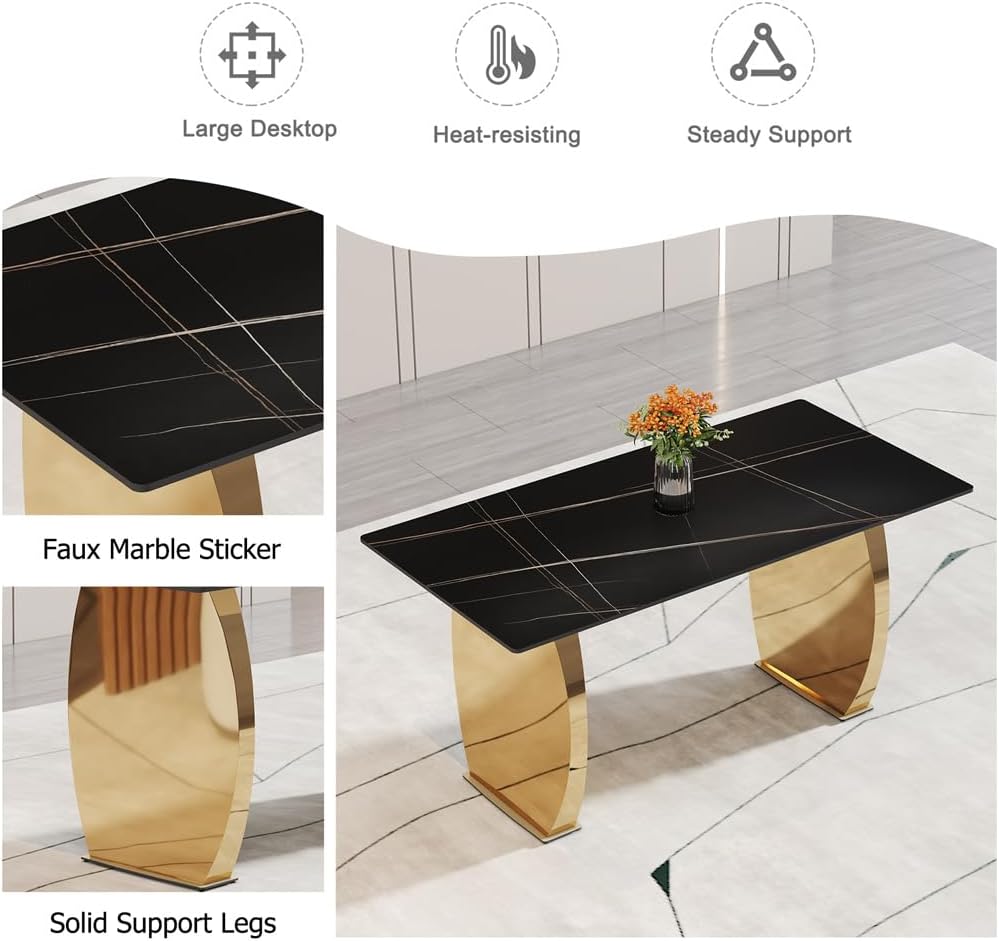 63" Sintered Stone Dining Table, Sintered Stone Table Top and Metal Leg