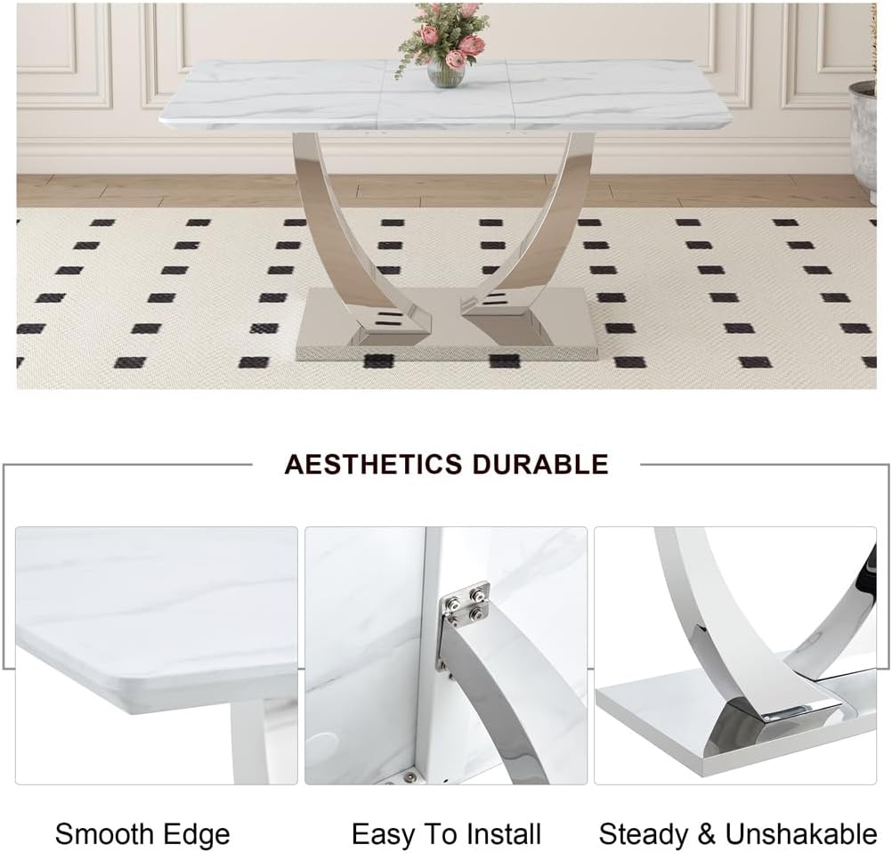 63" White Dining Table Set for 4, Faux Marble Dining Room Table with Stainless Steel Leg and Base