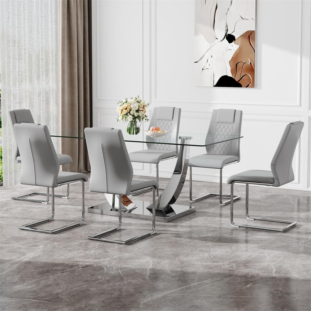 Glass Dining Table Set for 6, 71''Tempered Glass Tabletop and Stainless Steel U-shaped Leg and Base