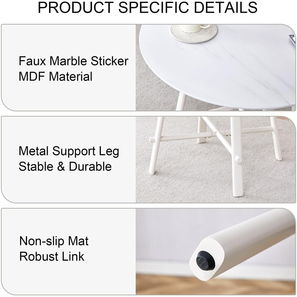 42'' White Round Dining Table, Dining Table for Small Space, Dining Room Table for 4