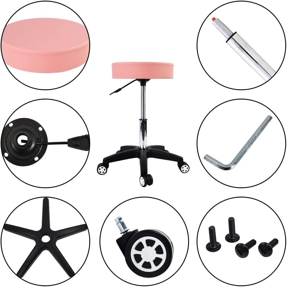 Rolling Stool with Wheels Adjustable Task Chair Swivel Salon Stool Office Desk Stool Round Shop Stool Pink